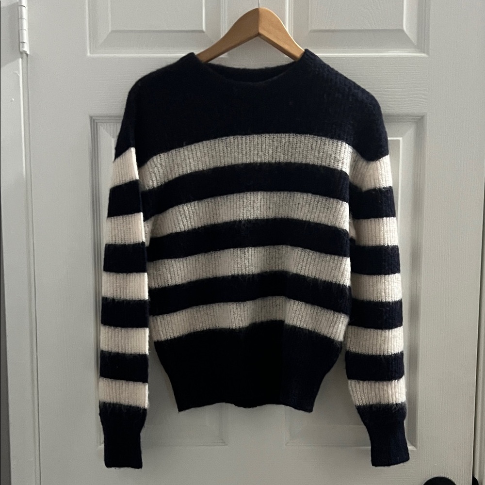 A.P.C. Navy and Cream Striped Crewneck Sweater